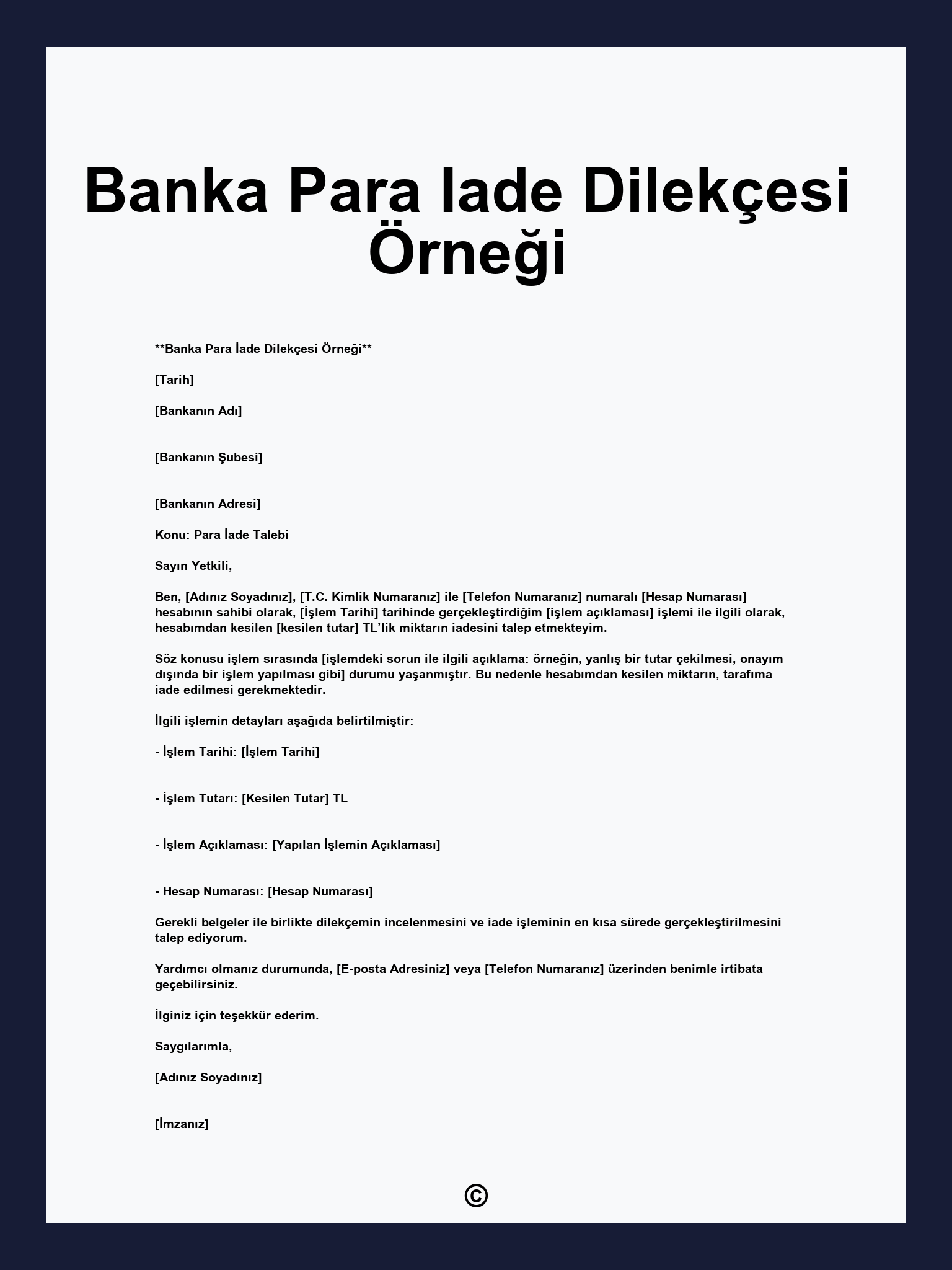 Banka Para Iade Dilekçesi Örneği
