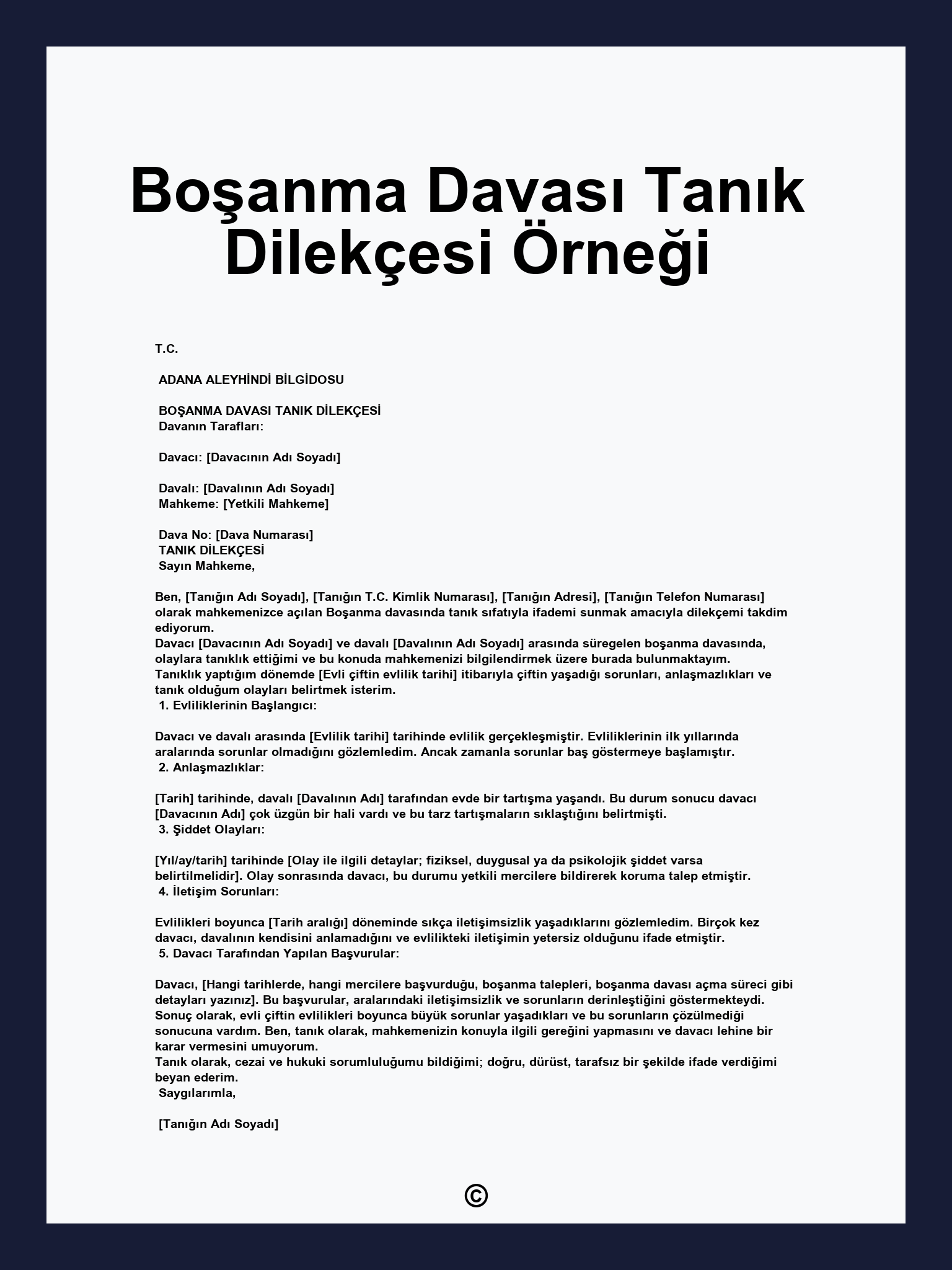 Boşanma Davası Tanık Dilekçesi Örneği