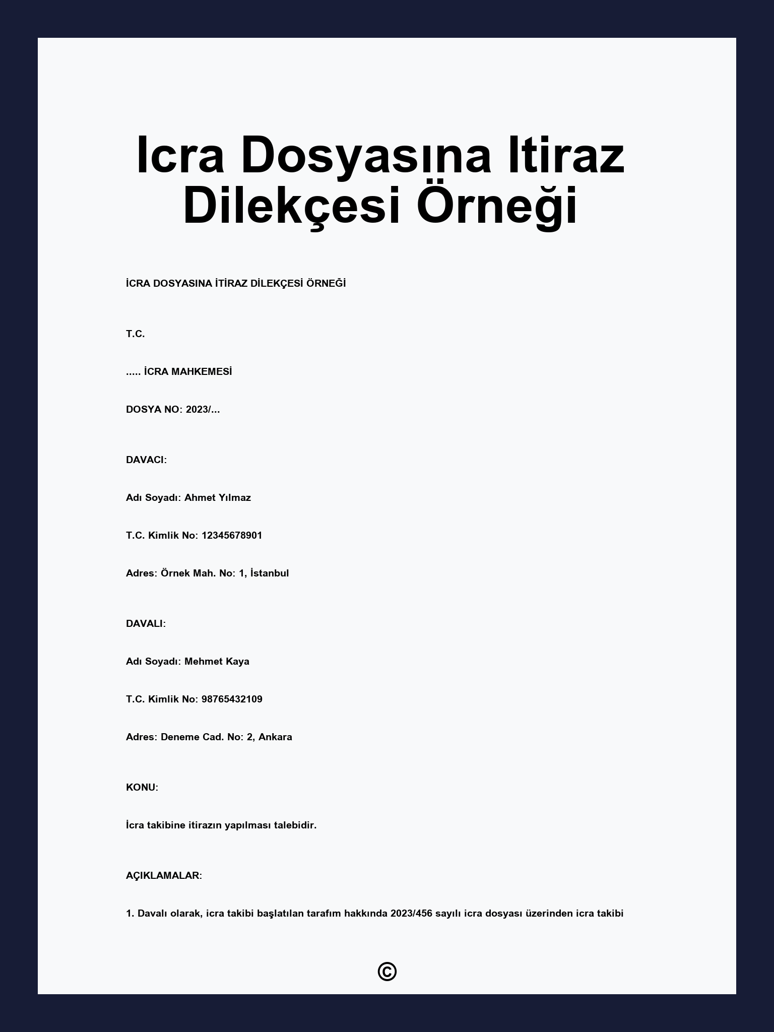 Icra Dosyasına Itiraz Dilekçesi Örneği