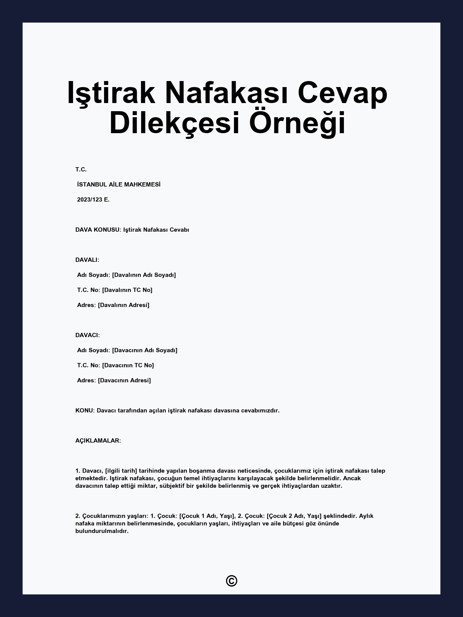 Iştirak Nafakası Cevap Dilekçesi Örneği