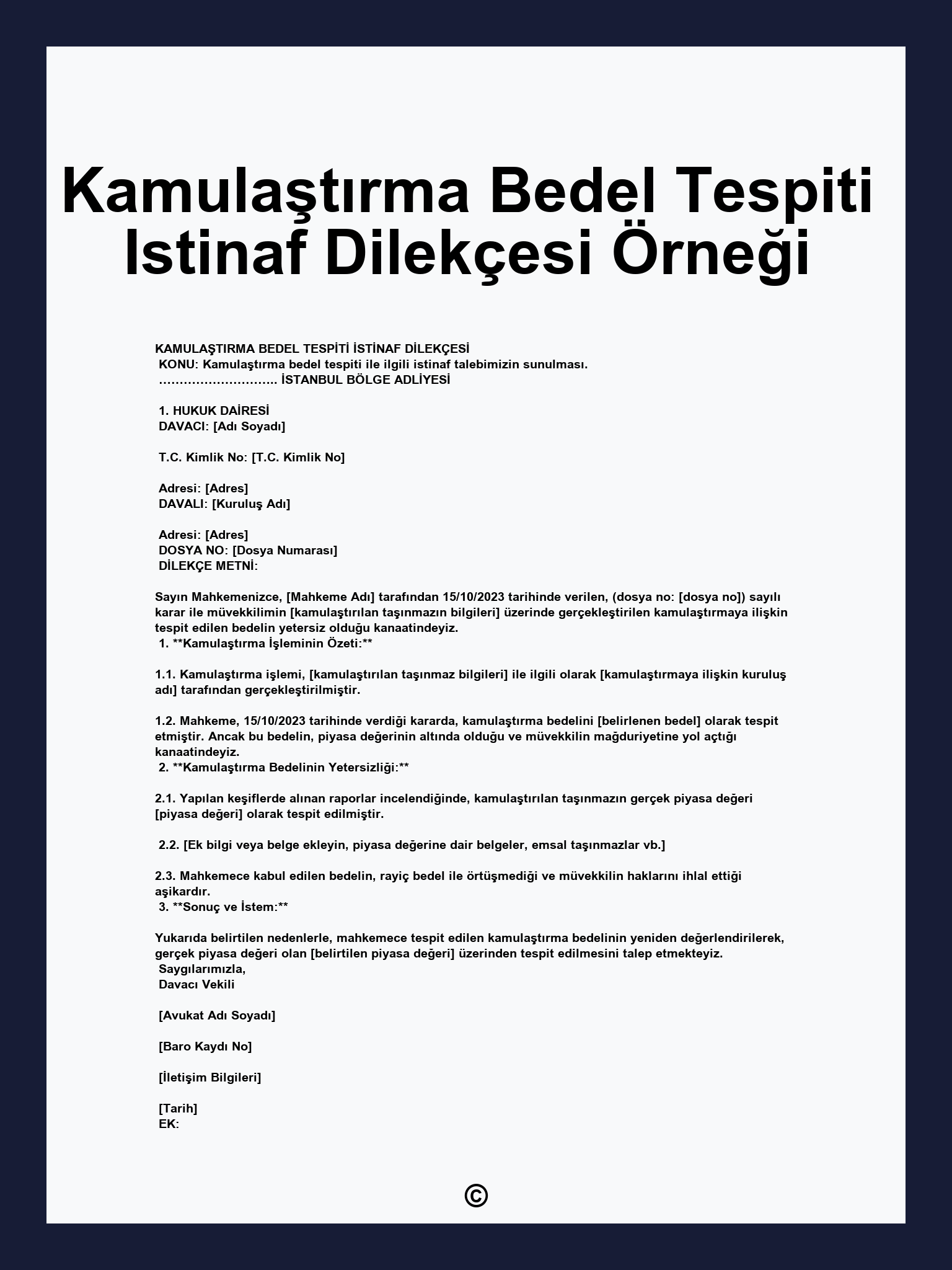 Kamulatrma Bedel Tespiti Istinaf Dilekesi rnei