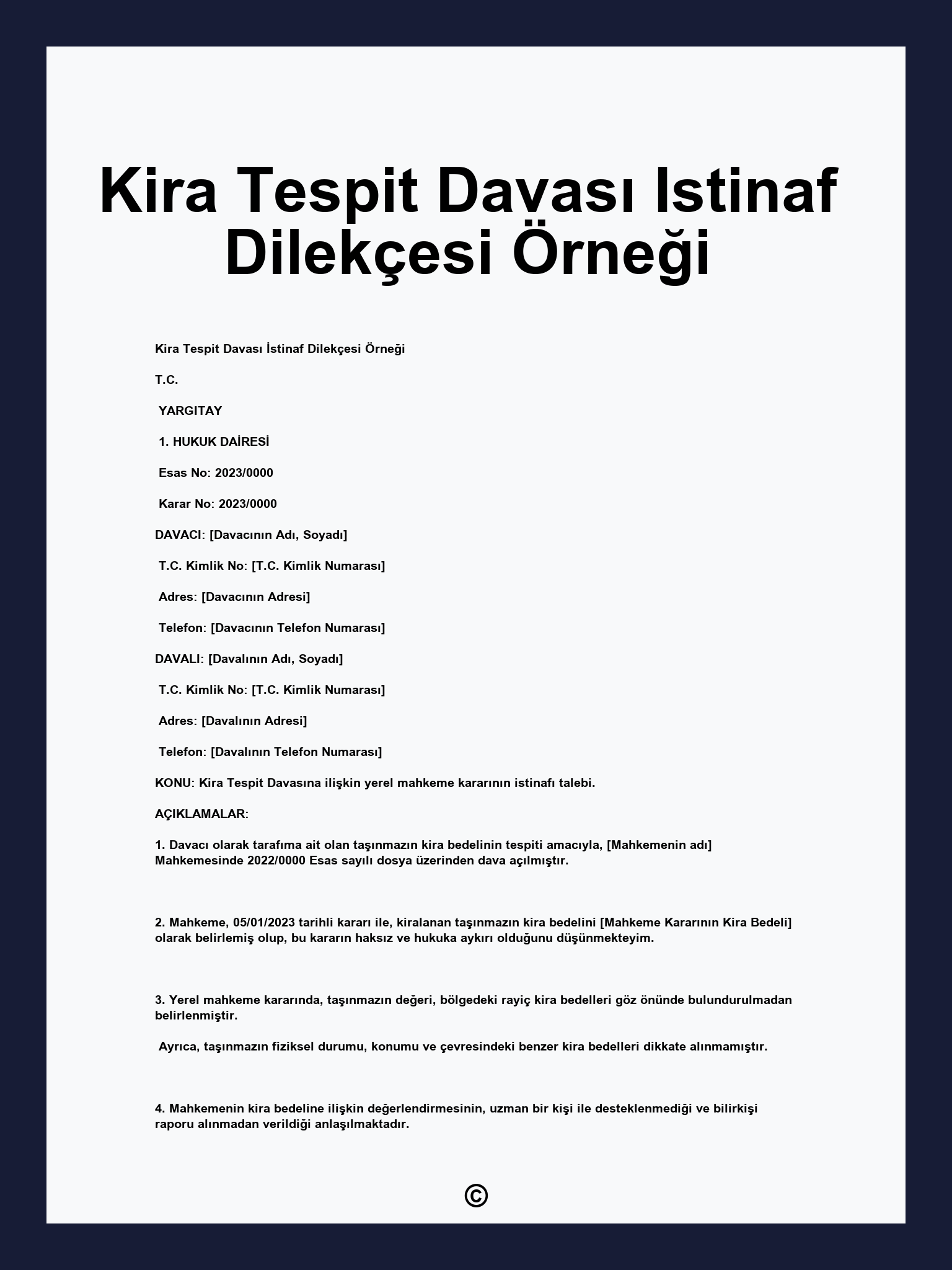 Kira Tespit Davası Istinaf Dilekçesi Örneği