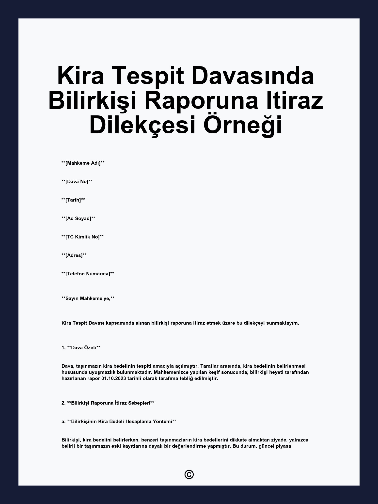 Kira Tespit Davasında Bilirkişi Raporuna Itiraz Dilekçesi Örneği