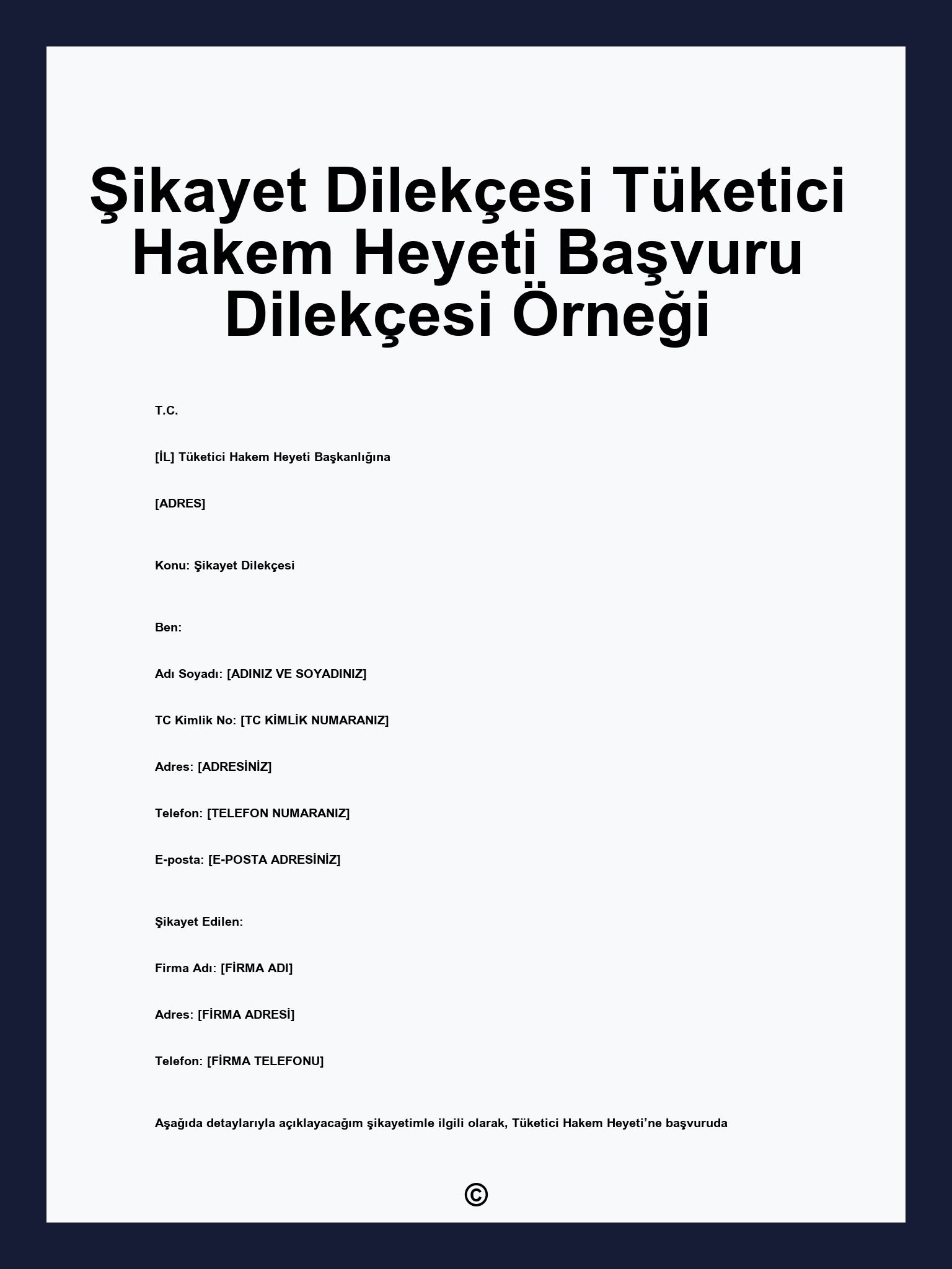 Şikayet Dilekçesi Tüketici Hakem Heyeti Başvuru Dilekçesi Örneği