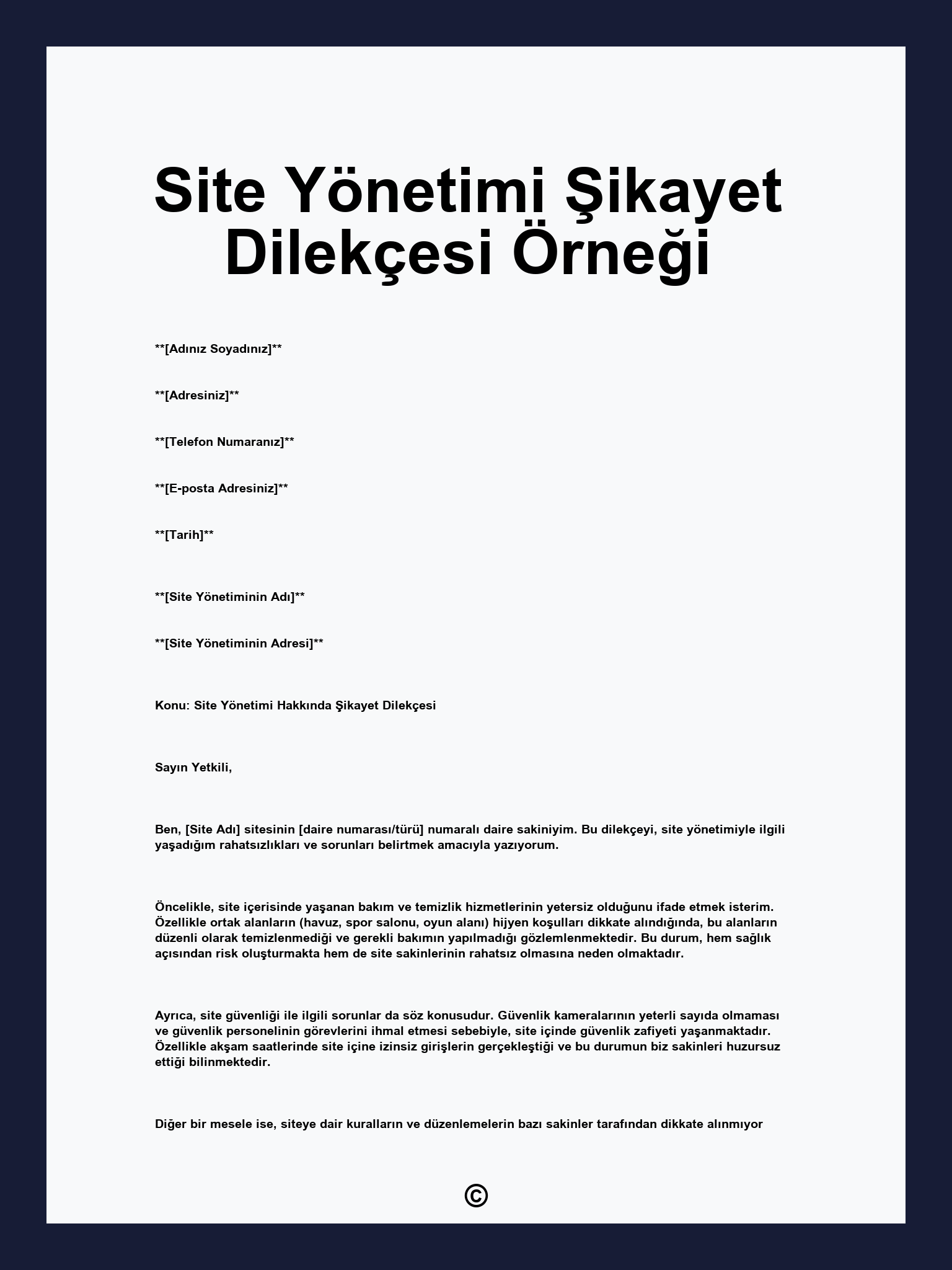 Site Yönetimi Şikayet Dilekçesi Örneği