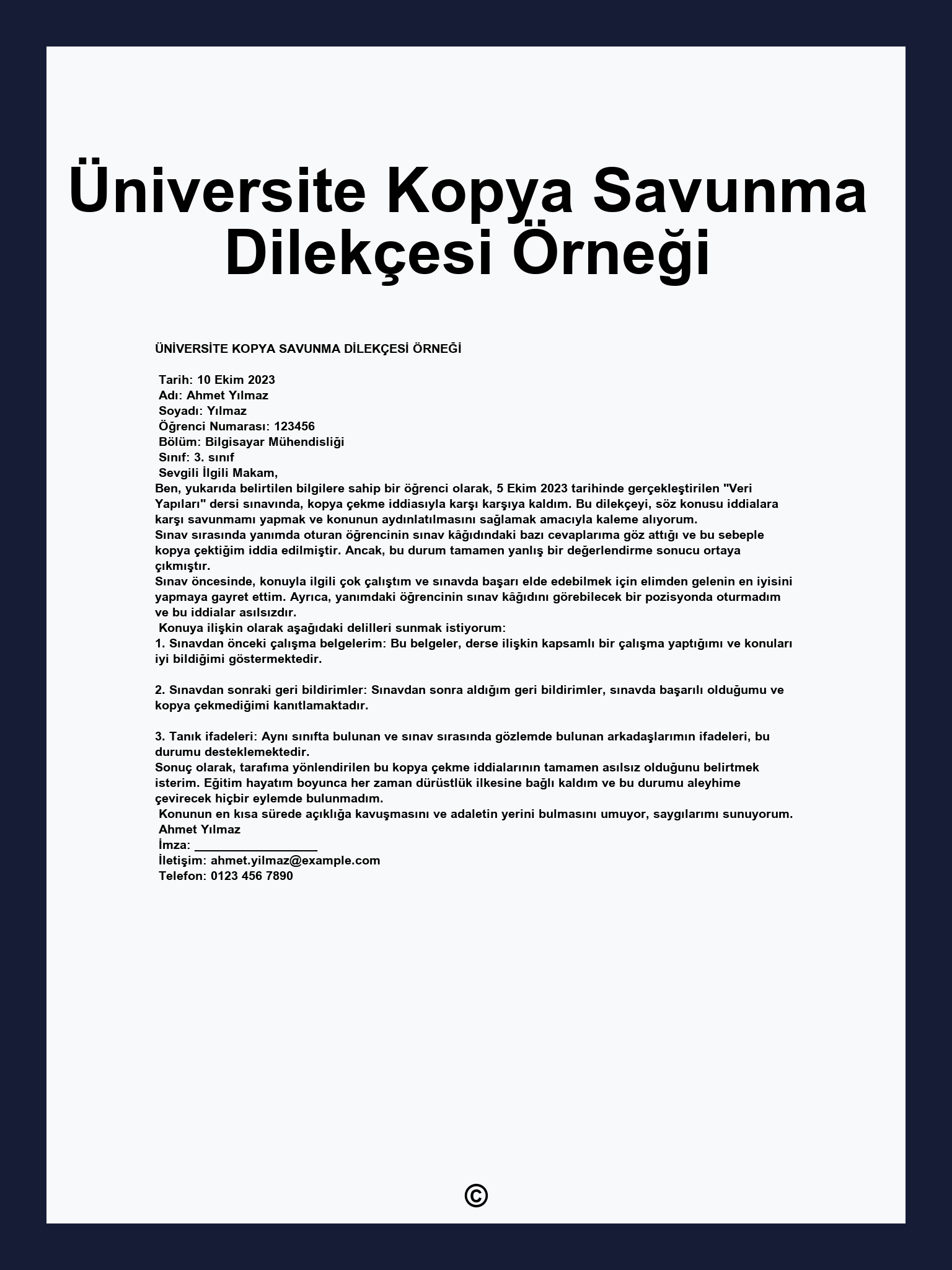 Üniversite Kopya Savunma Dilekçesi Örneği