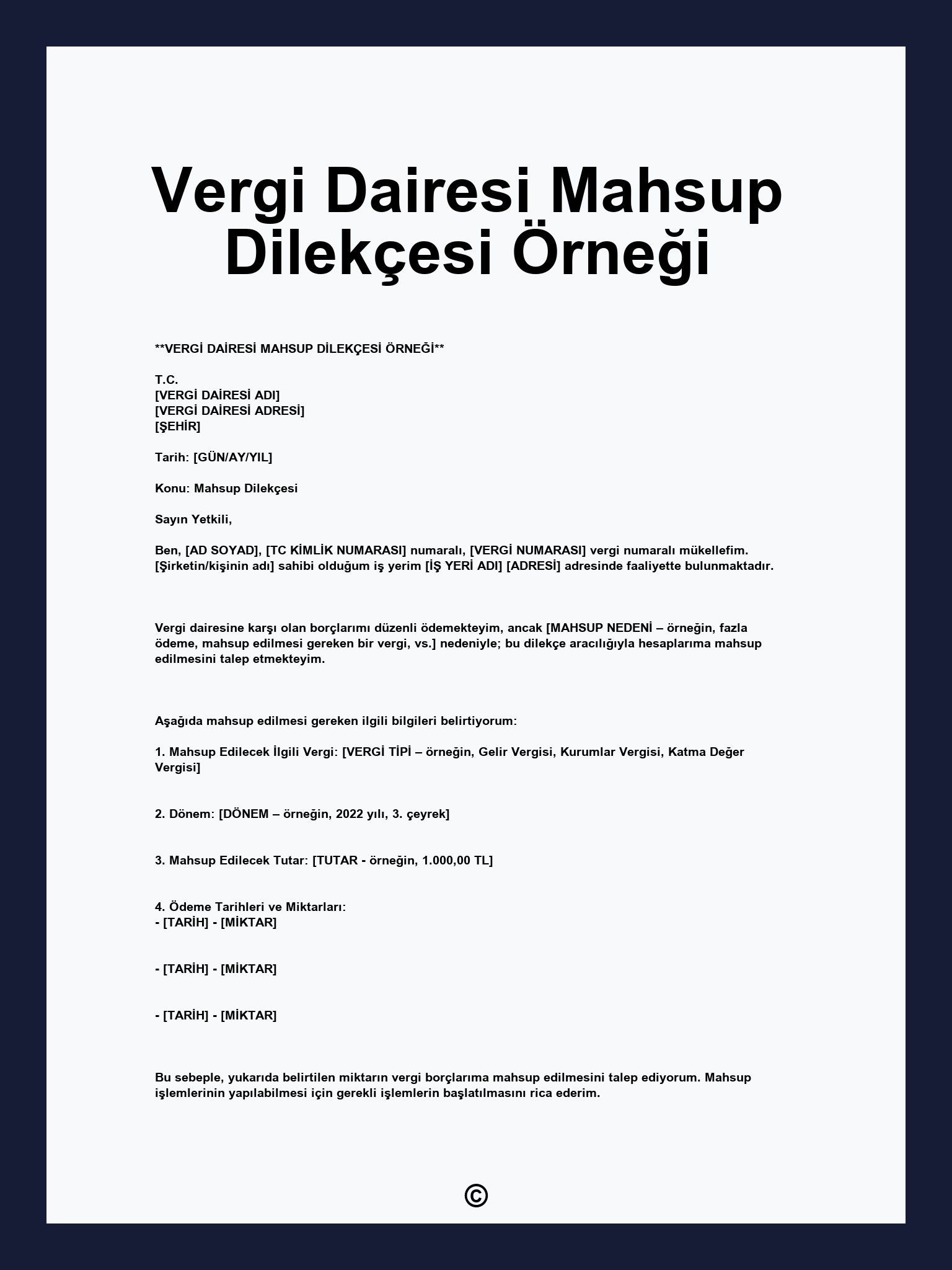 Vergi Dairesi Mahsup Dilekçesi Örneği