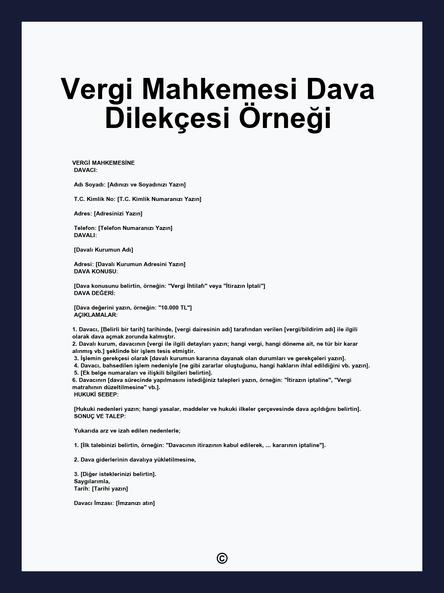 Vergi Mahkemesi Dava Dilekçesi Örneği
